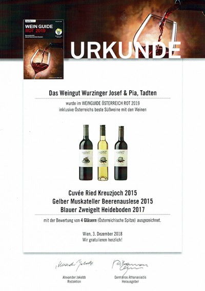 Urkunde Wein Guide 4 Gläser für Weingut Wurzinger