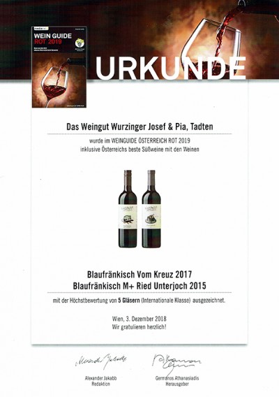 Urkunde Wein Guide 5 Gläser für Weingut Wurzinger